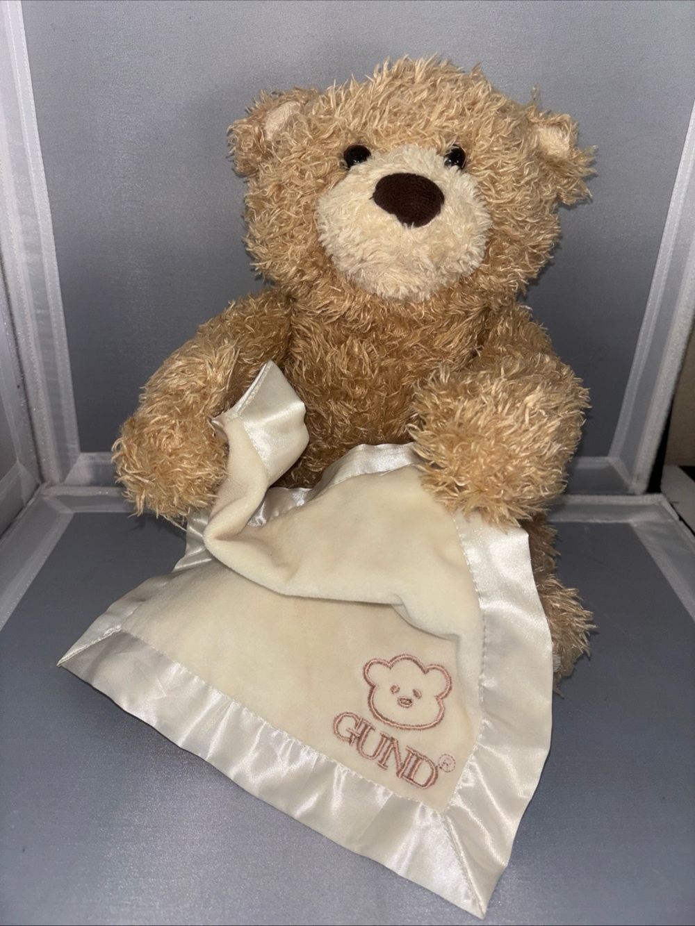 Baby Gund Peek-A-Boo Teddy Bear 10" Tan Ivory Blanket Plush Moves /no Sound